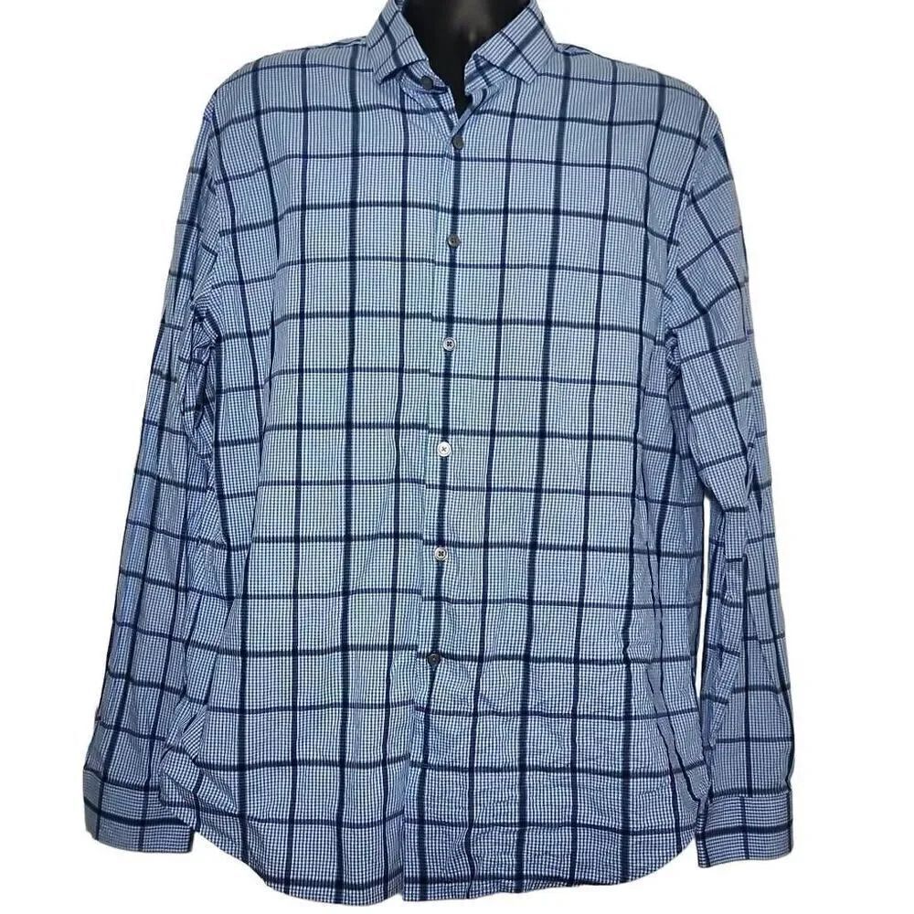 Express Men's Size XL 17-17.5 Blue Check Plaid Long Sleeve Button Down Shirt